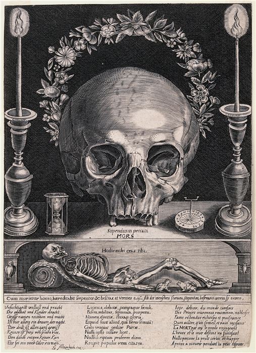 A skull, a skeleton, candles and other symbols of mortality. Engraving attributed to G. Altzenbach, [16--]. Wellcome Collection.